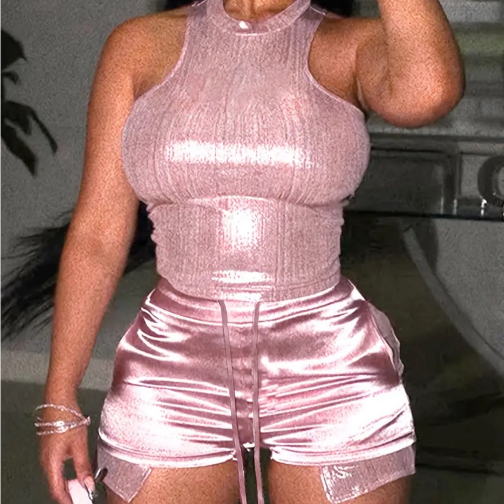 Shimmering Pink Sleeveless Top and Shorts Set